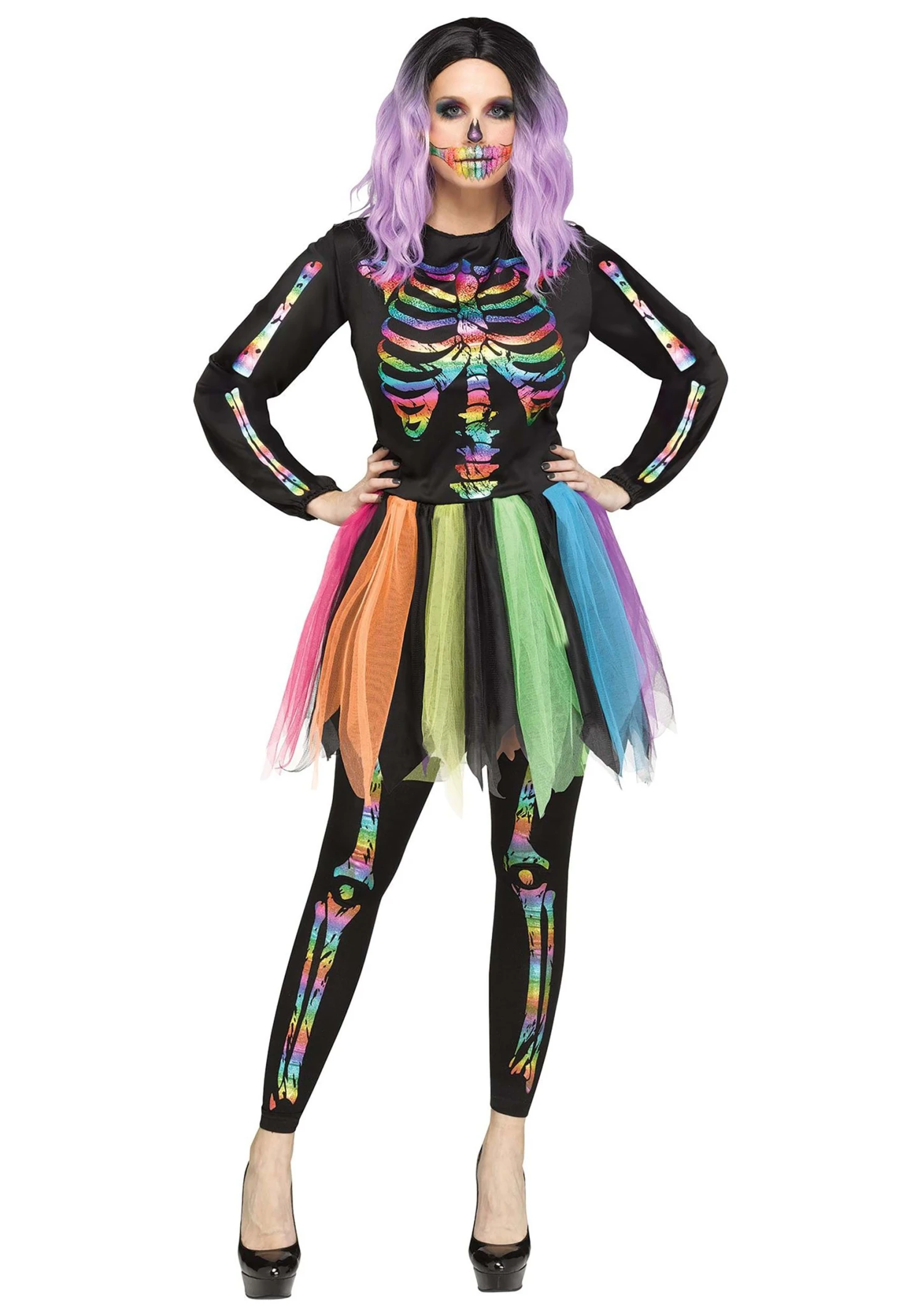 Fun World Rainbow Foil Skeleton Costume For Women 1 Fun World Rainbow Foil Skeleton Costume For Women